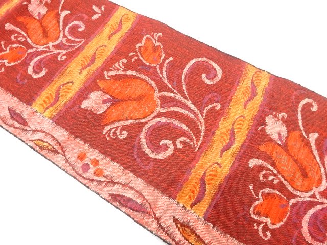 Hand-woven cotton pongee Nagoya obi with woven floral motifs